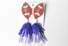 Load image into Gallery viewer, Blue and White Football Tassel Seedbead Earrings
