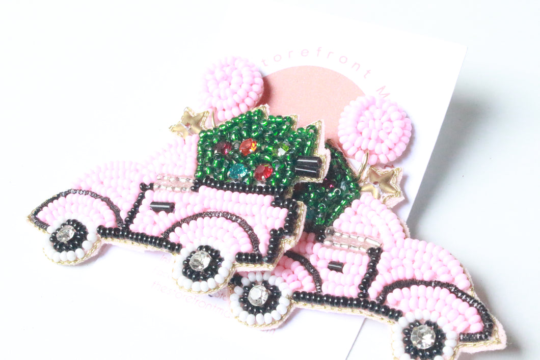 Pink Truck Christmas Tree Seedbead Earrings