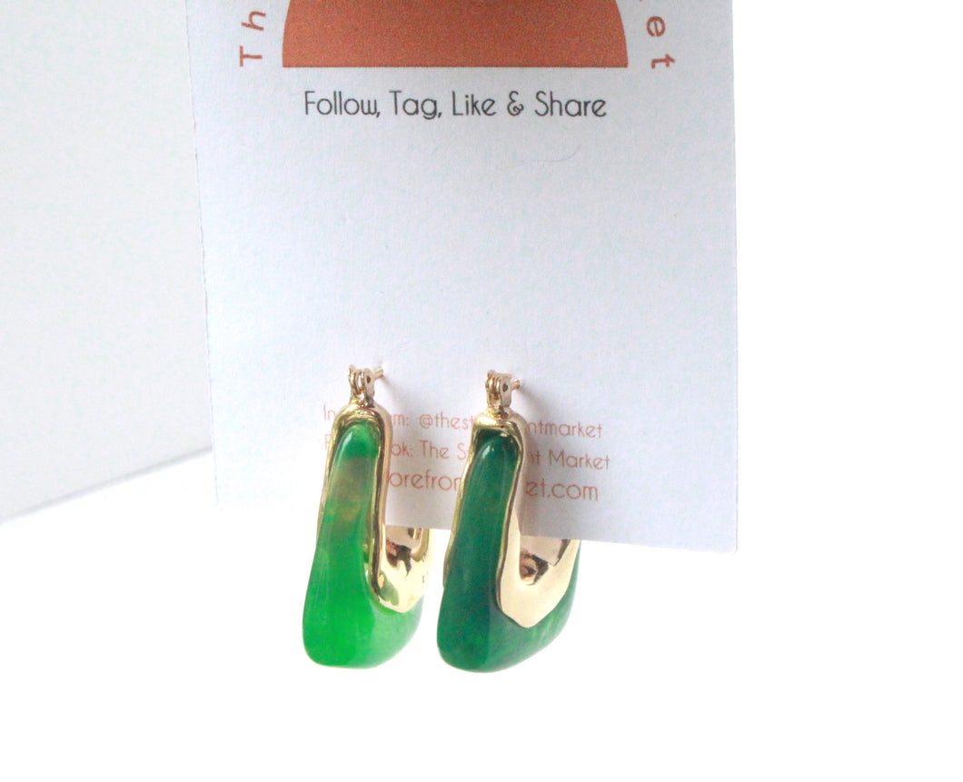 Green Acrylic Gold Hoop Earrings