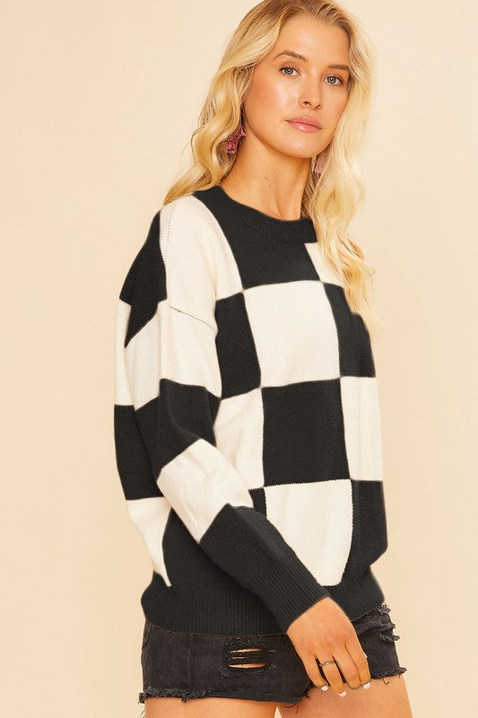 Black and White Checkered Round Neck Sweater