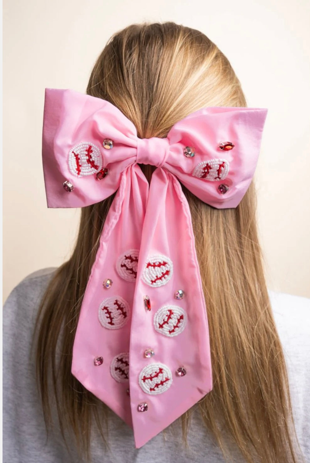 Baseball Embroidered Pink Bow Hair Clip