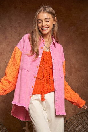 Pink & Orange Denim & Knit Shacket
