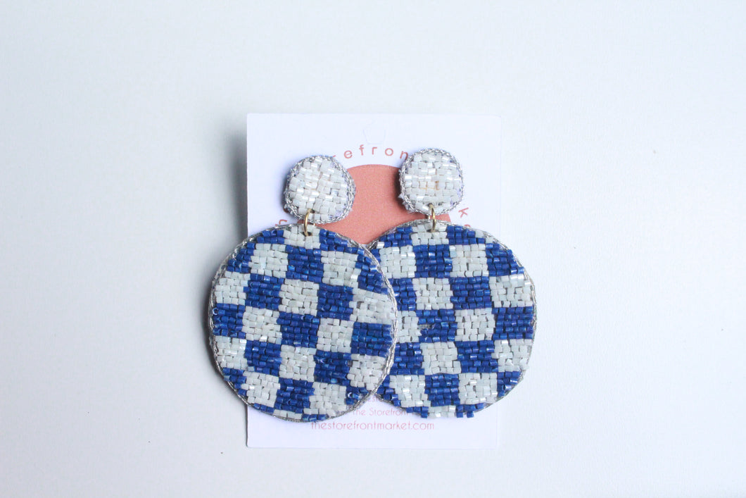 UK Blue & White Checkered Seedbead Earrings