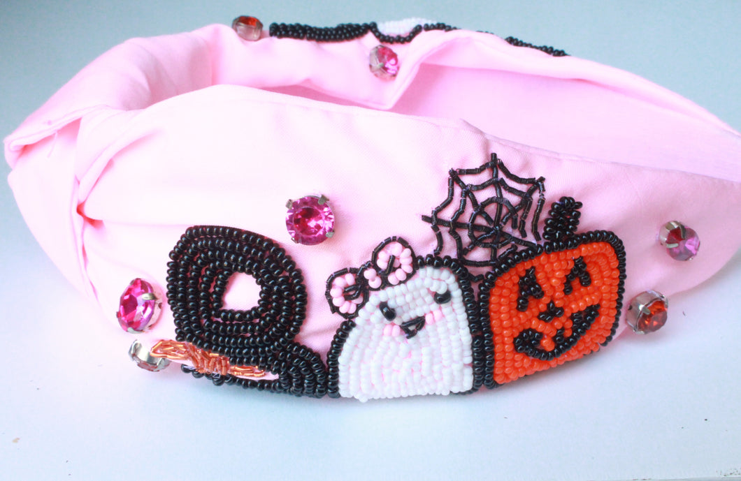 Pink Halloween Headband-BOO Seedbead Embroidery