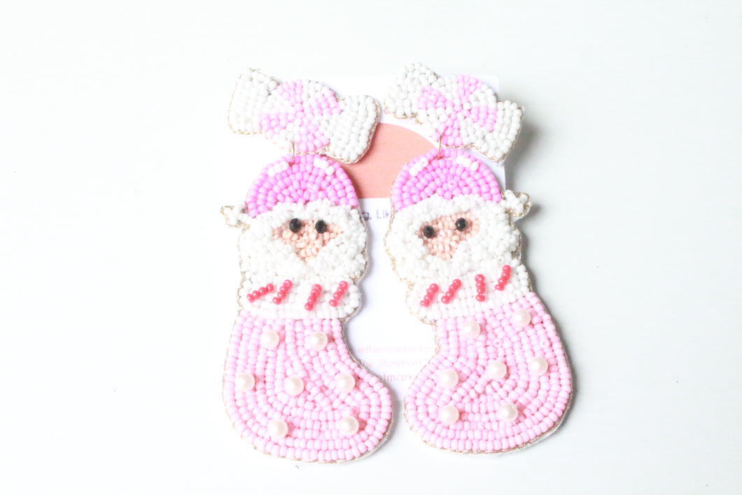 Pink Santa in a Stocking Seedbead Earrings