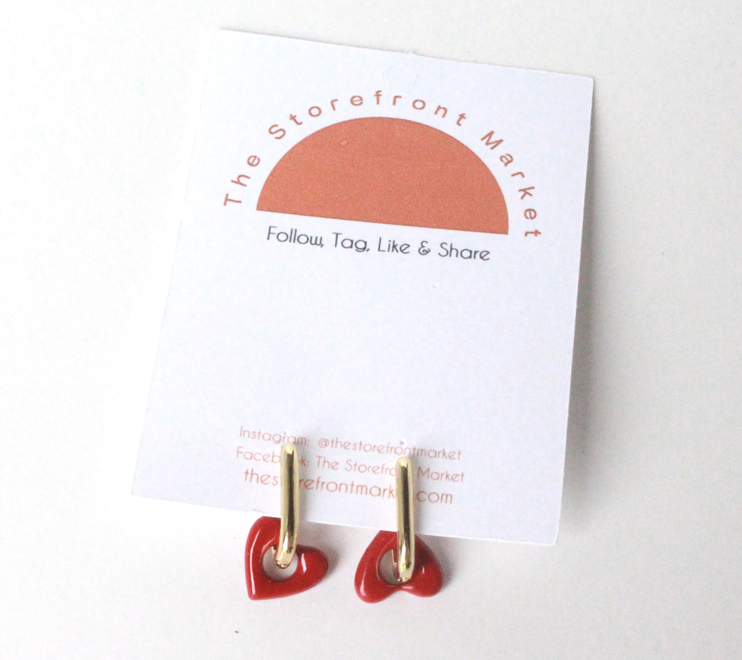 Red Dangle Heart Gold Hoop Earrings-Coquette Earrings