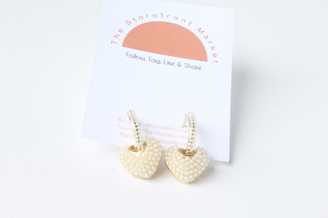 Gold Pearl Heart Hoop Earrings-Coquette Earrings
