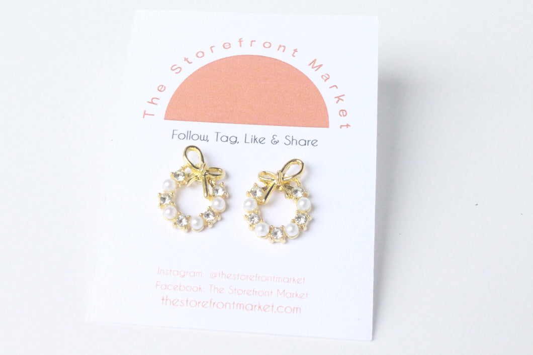Gold Pearl and Rhinestone Wreath Earrings-Coquette Earrings