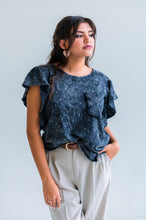 Load image into Gallery viewer, Black Charcoal Mineral Washed Ruffle Capped Sleeve Top
