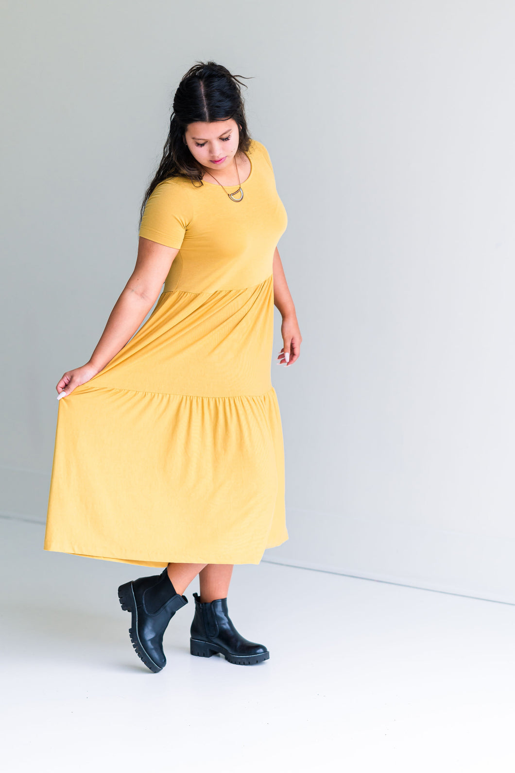 Golden/Mustard Midi Tiered Maxi Dress- SUPER SOFT