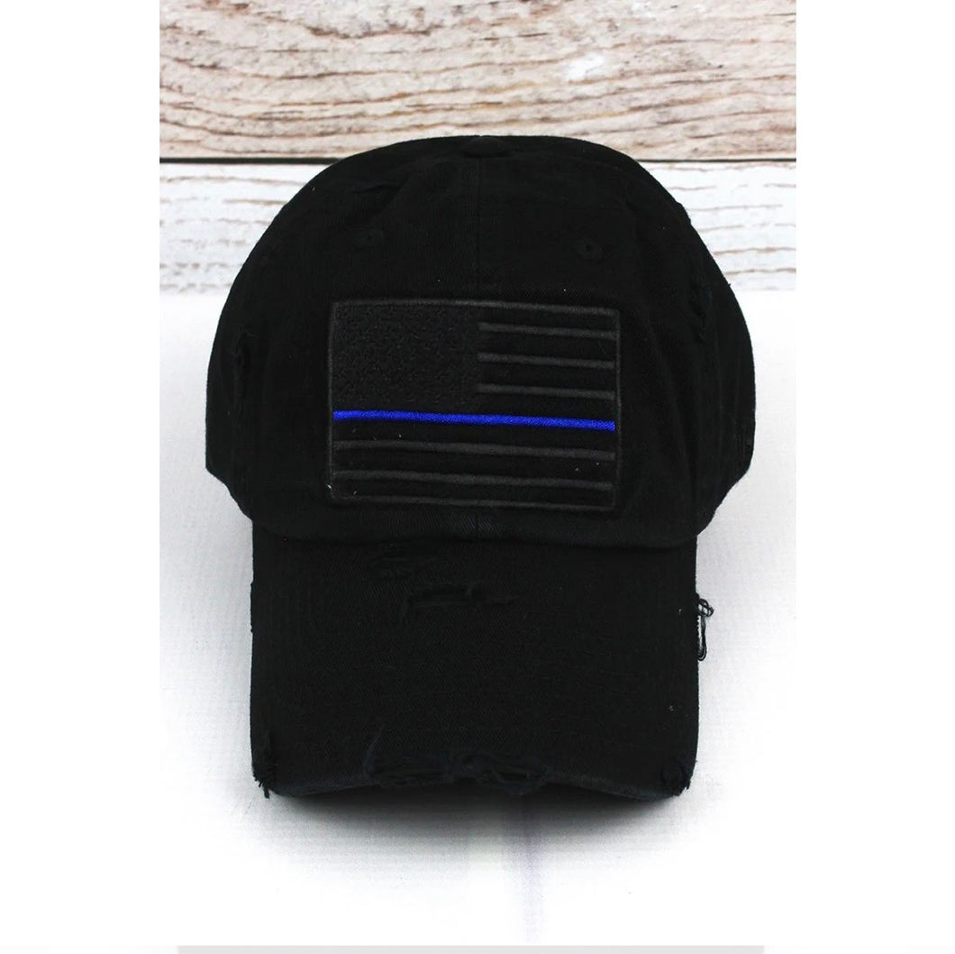 Distressed Black Blue Line Hat