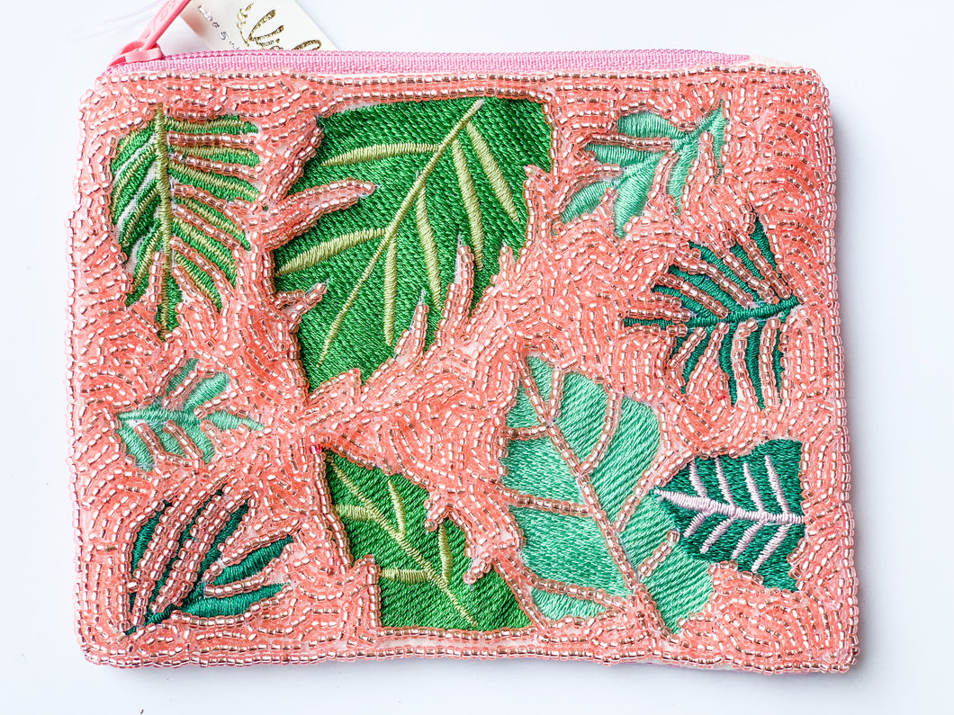Palm Leaf Pink Seed Bead Coin Purse